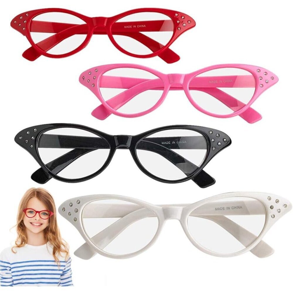 Retro Cat Eye Glasses Rhinestones Pack of 4 Vintage Costume Eyewear for Women Ki